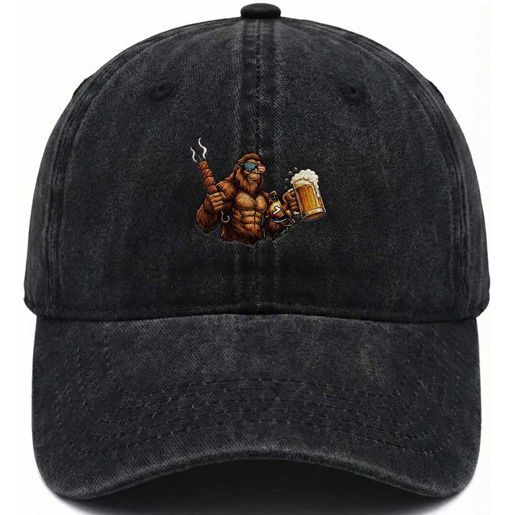 Funny Bigfoot BBQ Party Washed Cotton Baseball Cap Sasquatch Drinking Beer Celebrate Championship TS14 Washed Cap Universal Fit Black Print Your Wear