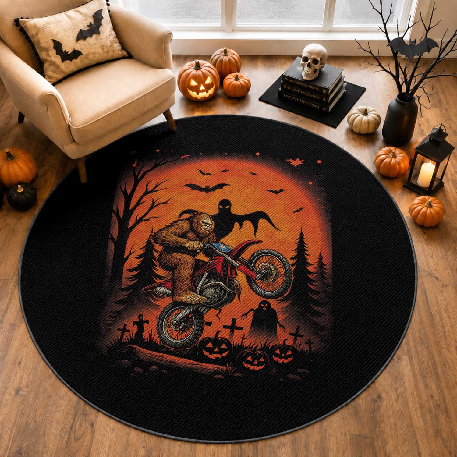 Bigfoot Dirt Bike Round Rug Sasquatch Halloween Creepy Biker