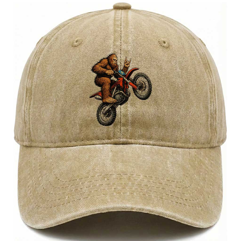 Bigfoot Dirt Bike Washed Cotton Baseball Cap Motocross Sasquatch Rock On Hand TS14 Washed Cap Universal Fit Khaki Print Your Wear