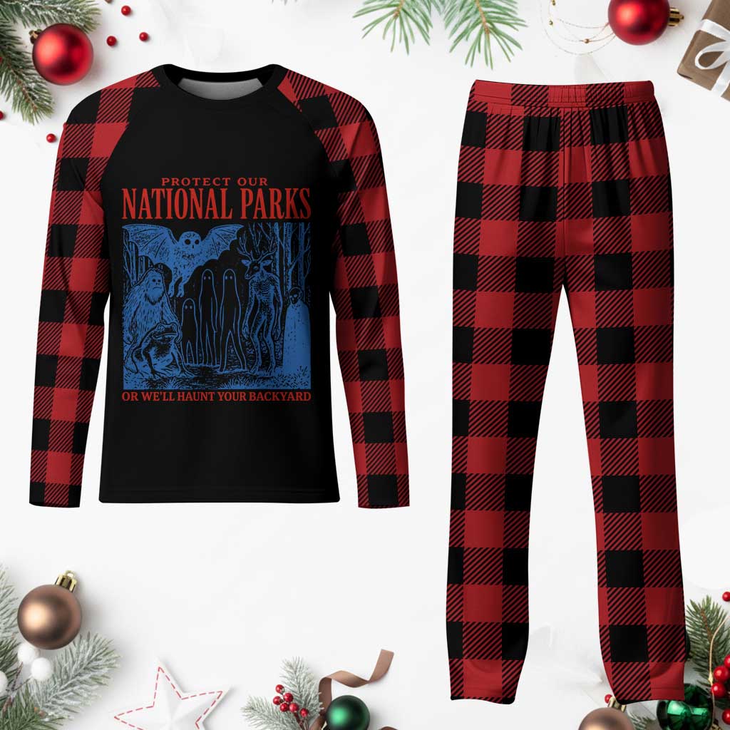 Protect Our National Parks or We'll Haunt Your Backyard Plaid Pajama Set Funny Hiking Camping