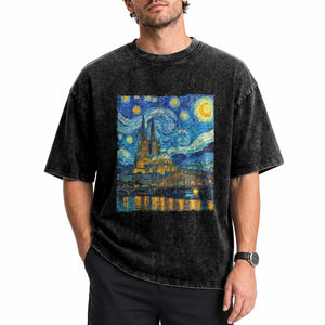 Cologne Cathedral Silhouette Köln German Starry Night Style Washed Cotton T-Shirt