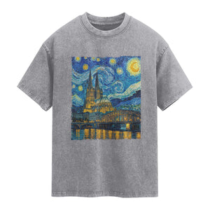 Cologne Cathedral Silhouette Köln German Starry Night Style Washed Cotton T-Shirt