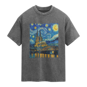 Cologne Cathedral Silhouette Köln German Starry Night Style Washed Cotton T-Shirt