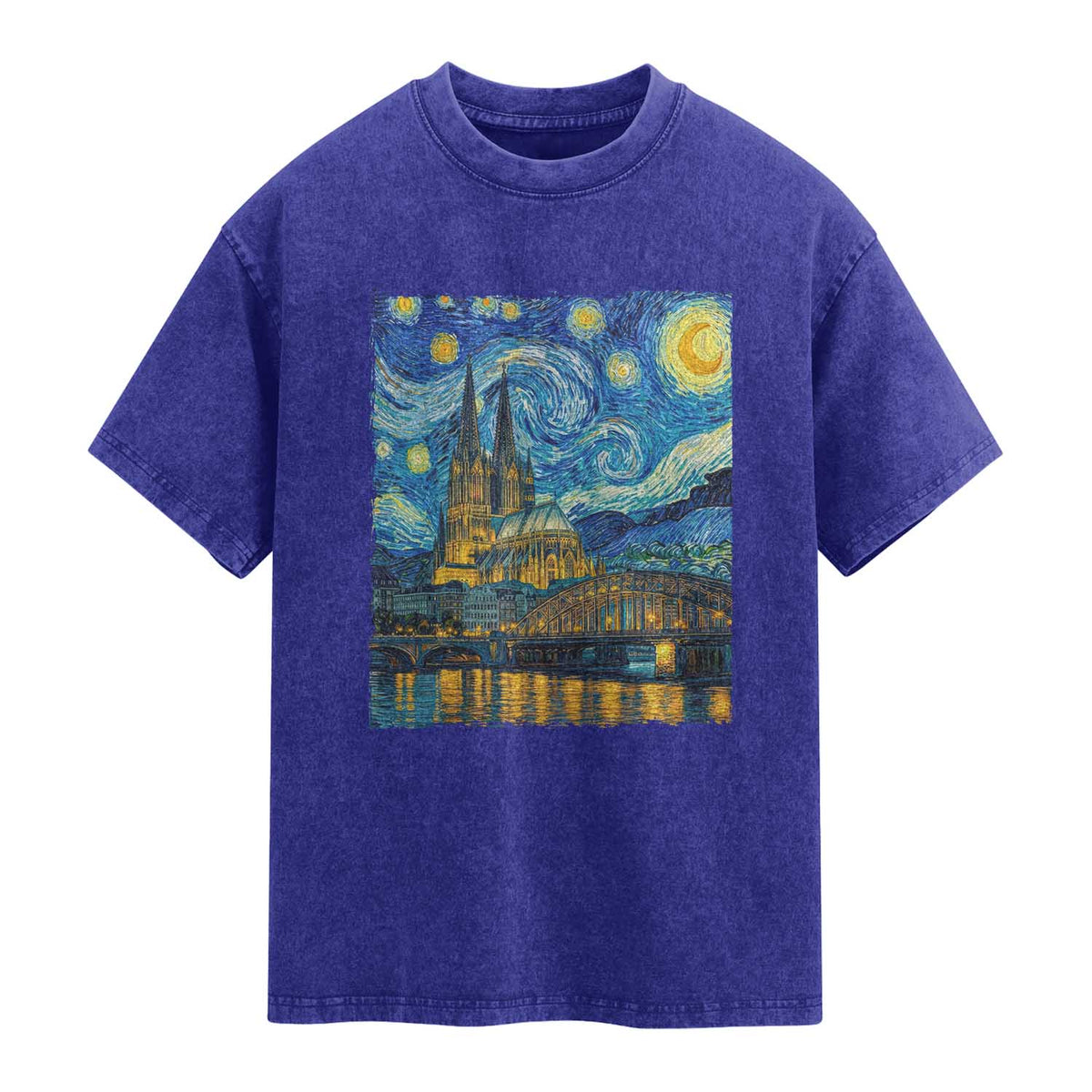 Cologne Cathedral Silhouette Köln German Starry Night Style Washed Cotton T-Shirt