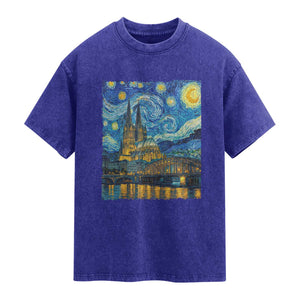 Cologne Cathedral Silhouette Köln German Starry Night Style Washed Cotton T-Shirt