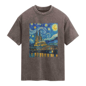 Cologne Cathedral Silhouette Köln German Starry Night Style Washed Cotton T-Shirt