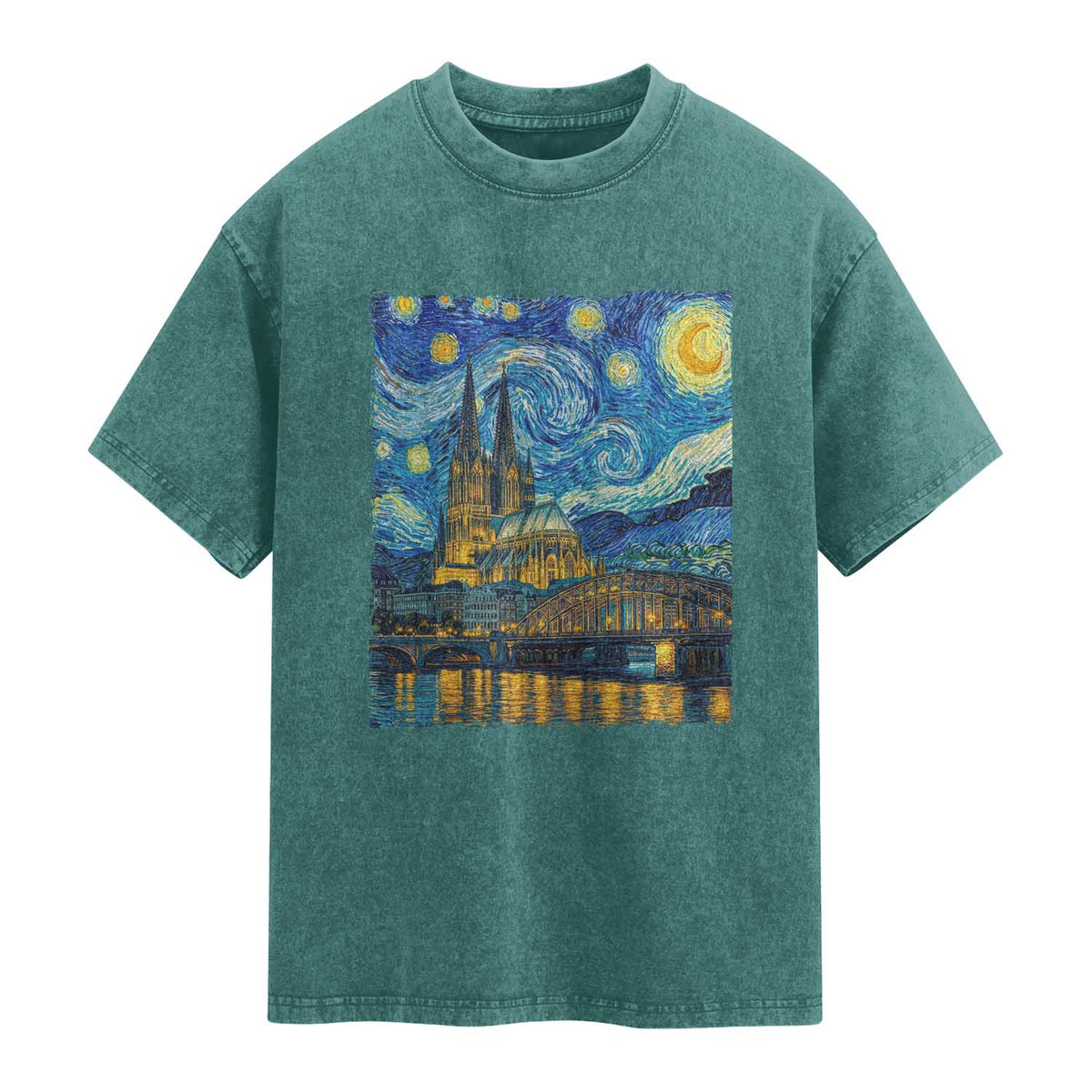 Cologne Cathedral Silhouette Köln German Starry Night Style Washed Cotton T-Shirt
