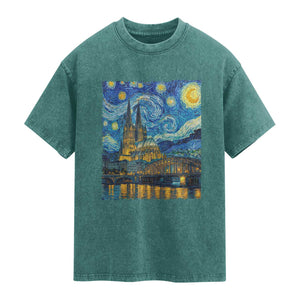 Cologne Cathedral Silhouette Köln German Starry Night Style Washed Cotton T-Shirt