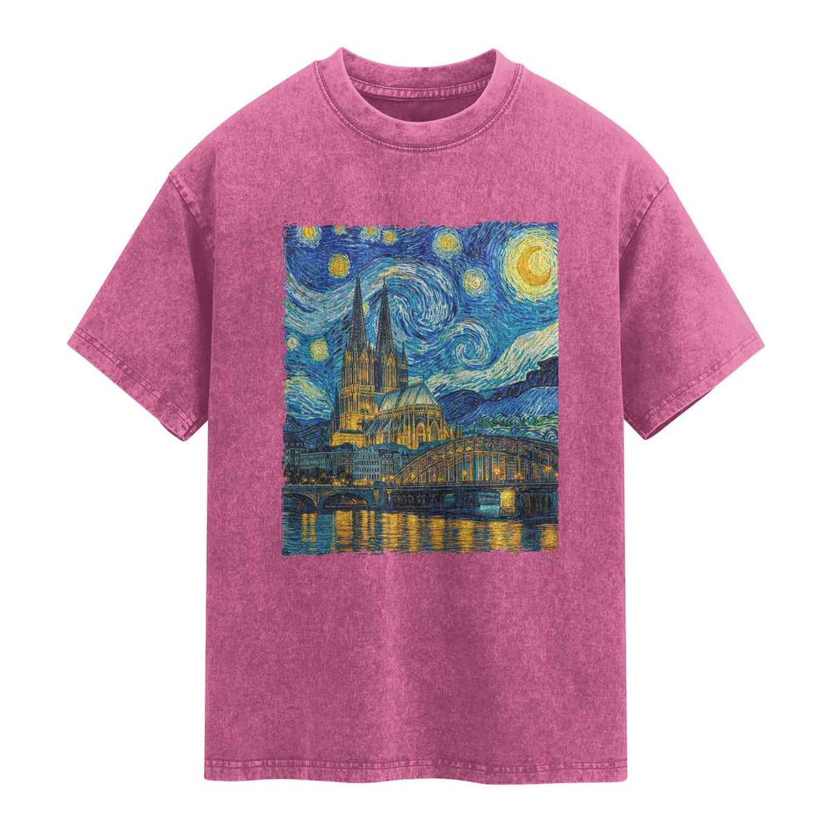 Cologne Cathedral Silhouette Köln German Starry Night Style Washed Cotton T-Shirt