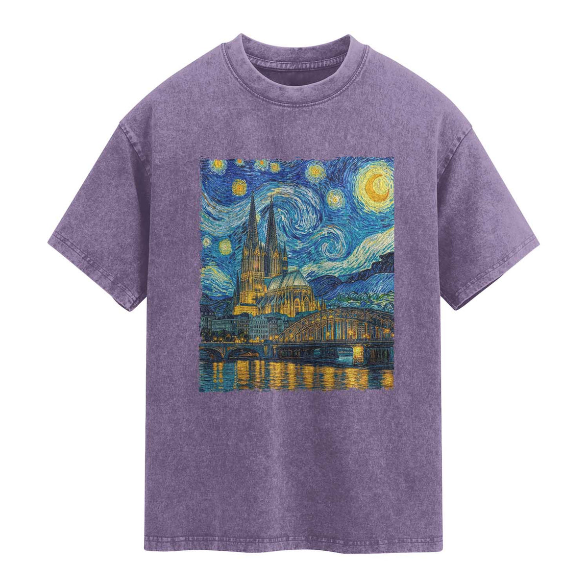 Cologne Cathedral Silhouette Köln German Starry Night Style Washed Cotton T-Shirt
