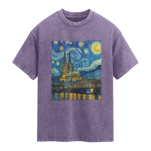 Cologne Cathedral Silhouette Köln German Starry Night Style Washed Cotton T-Shirt