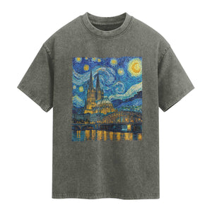 Cologne Cathedral Silhouette Köln German Starry Night Style Washed Cotton T-Shirt