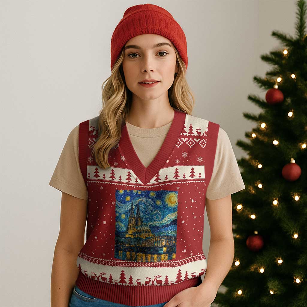 Cologne Cathedral Silhouette Köln German Starry Night Style V-Neck Knit Sweater Vest