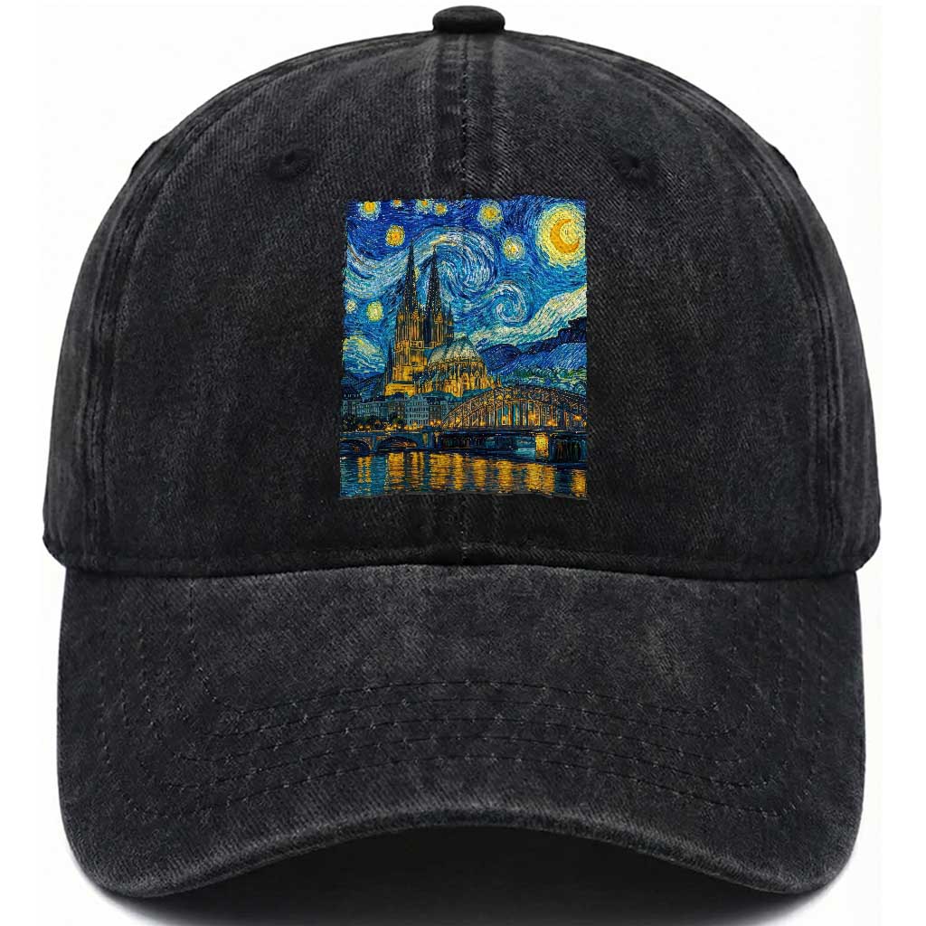 Cologne Cathedral Silhouette Köln German Starry Night Style Washed Cotton Baseball Cap