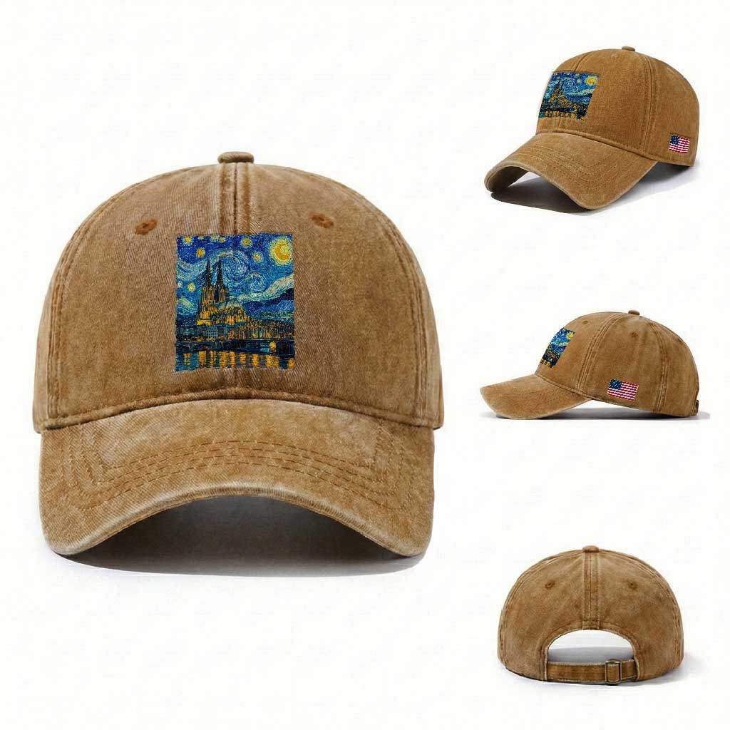 Cologne Cathedral Silhouette Köln German Starry Night Style Washed Cotton Baseball Cap