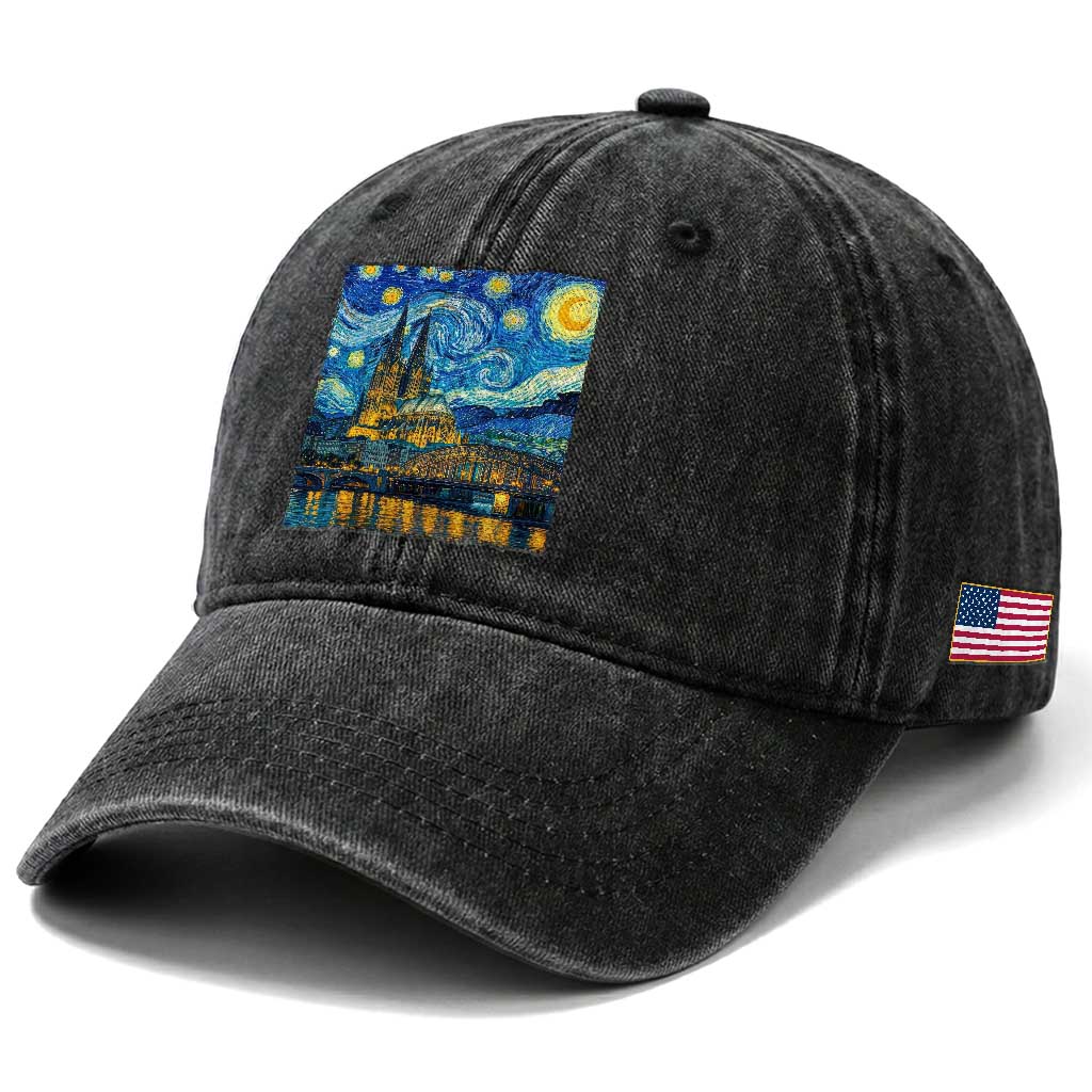 Cologne Cathedral Silhouette Köln German Starry Night Style Washed Cotton Baseball Cap