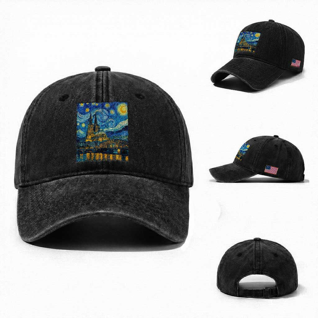 Cologne Cathedral Silhouette Köln German Starry Night Style Washed Cotton Baseball Cap