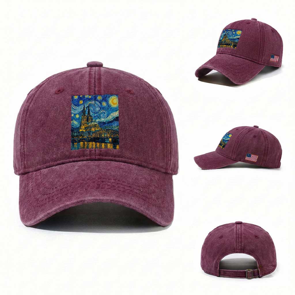 Cologne Cathedral Silhouette Köln German Starry Night Style Washed Cotton Baseball Cap