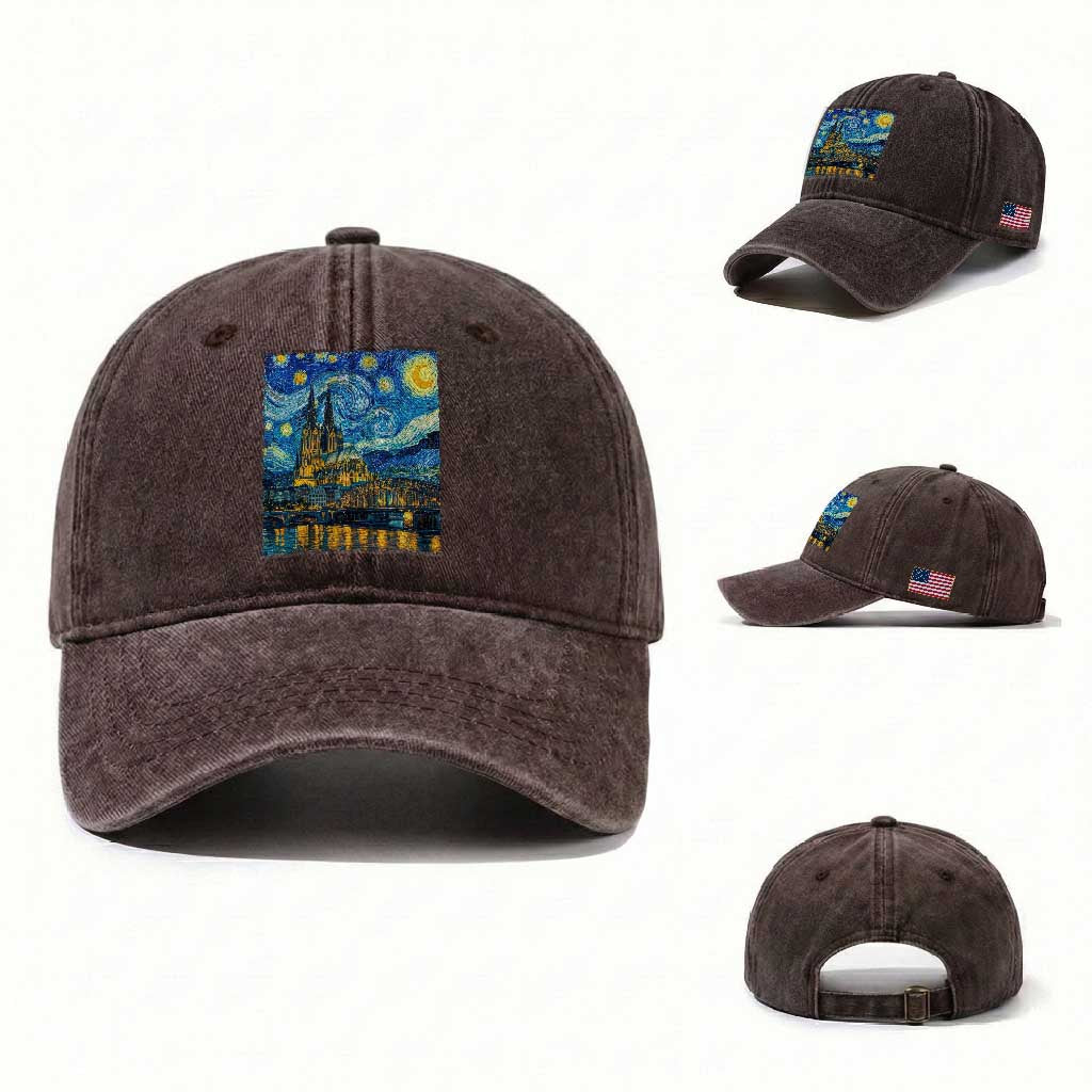 Cologne Cathedral Silhouette Köln German Starry Night Style Washed Cotton Baseball Cap