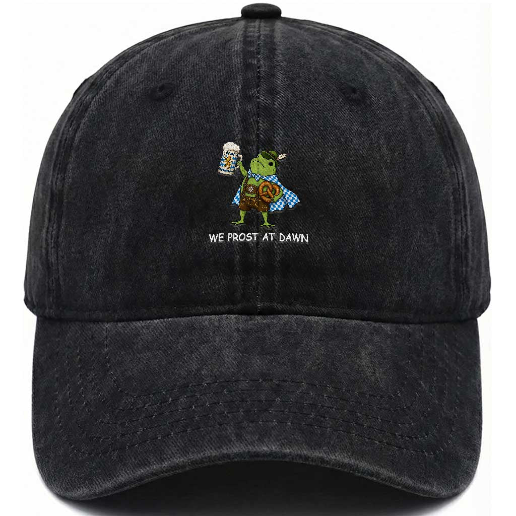 We Prost At Dawn Washed Cotton Baseball Cap Cute Frog Meme Oktoberfest Beer Festival