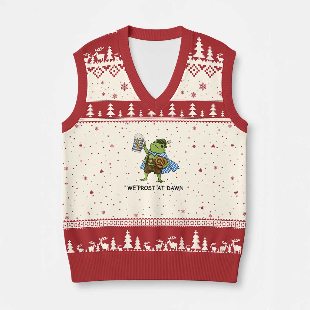 We Prost At Dawn V-Neck Knit Sweater Vest Funny Oktoberfest Frog Humor