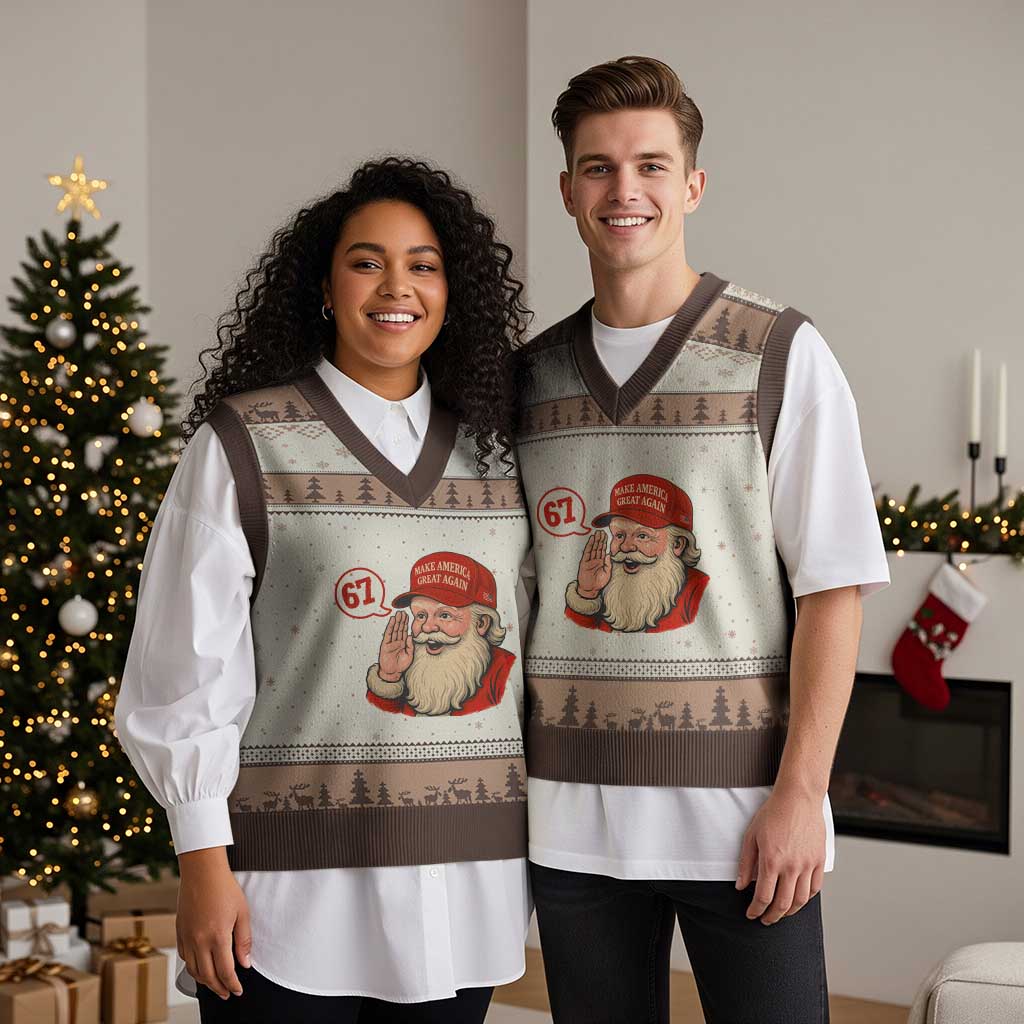 67 Six Seven Xmas V-Neck Knit Sweater Vest Santa MAGA Hat Xmas TS14 Mocha Mousse Print Your Wear