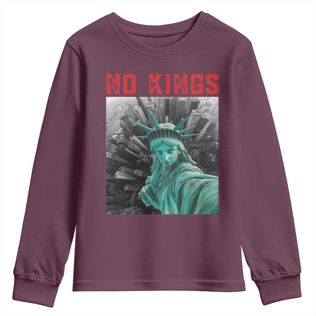 No Kings Youth Sweatshirt Statue of Liberty Selfie Freedom TS14 Maroon Print Your Wear
