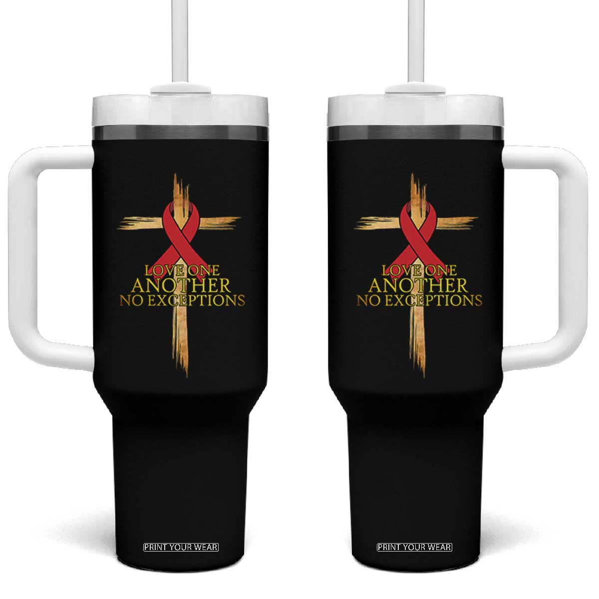 Red Ribbon Christian Tumbler With Handle Cross Bible Verse TS14 One Size: 40 oz Black Print Your Wear