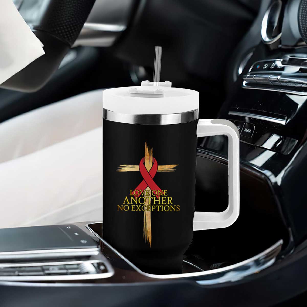 Red Ribbon Christian Tumbler With Handle Cross Bible Verse TS14 Print Your Wear