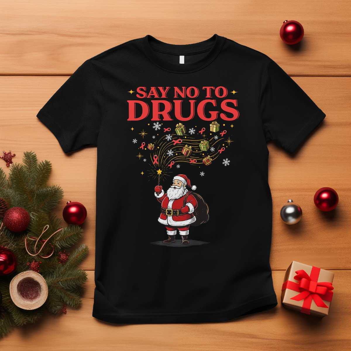 Santa Christmas T Shirt AIDS Awwanrness Red Ribbon HIV Support TS14 Black Print Your Wear