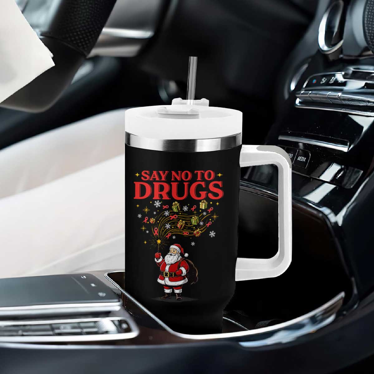 Santa Christmas Tumbler With Handle AIDS Awwanrness Red Ribbon HIV Support TS14 Print Your Wear