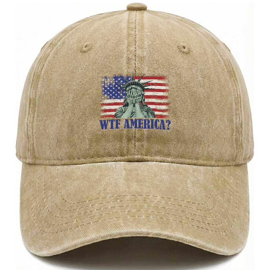 Funny American Washed Cotton Baseball Cap Statue of Liberty WTF USA Freedom Satire TS14 Washed Cap Universal Fit Khaki Print Your Wear