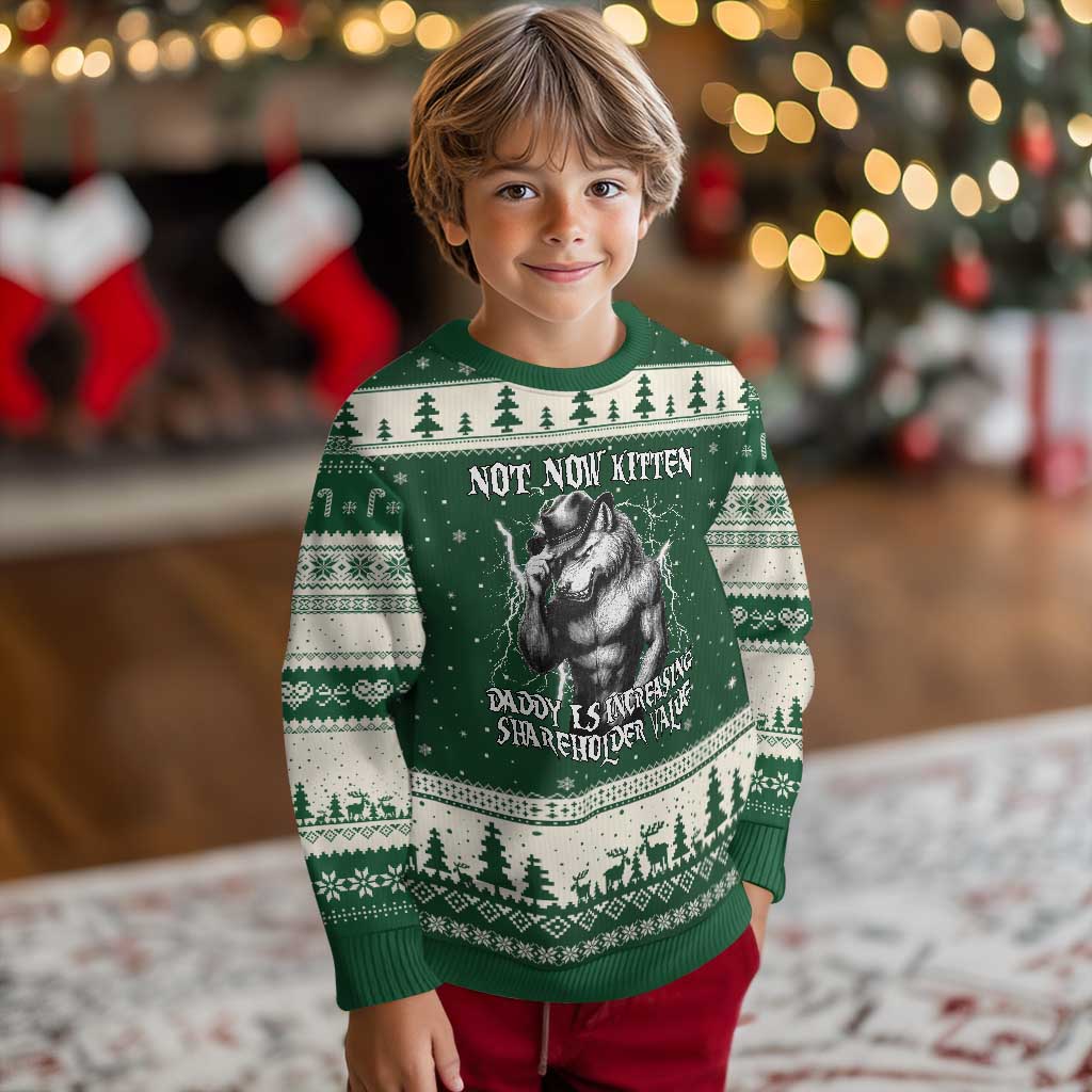Not Now Kitten Daddy Increasing Shareholder Value Ugly Christmas Sweater Funny Alpha Wolf Meme TS14 Forest Green Beige Print Your Wear
