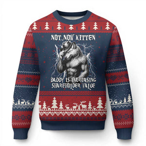 Not Now Kitten Daddy Increasing Shareholder Value Ugly Christmas Sweater Funny Alpha Wolf Meme TS14 Navy Red Print Your Wear