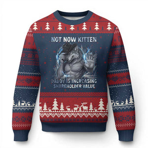 Not Now Kitten Daddy Increasing Shareholder Value Ugly Christmas Sweater Funny Wolf Meme TS14 Navy Red Print Your Wear