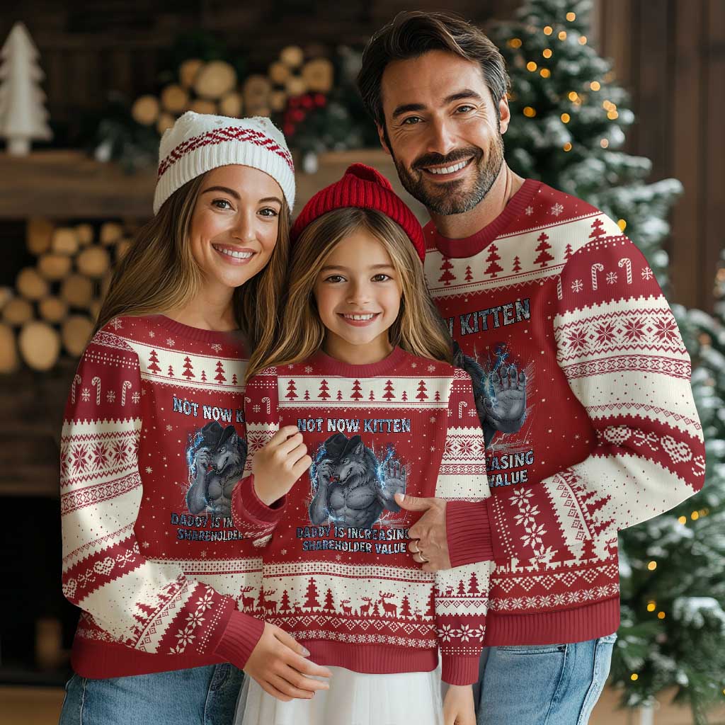 Not Now Kitten Daddy Increasing Shareholder Value Ugly Christmas Sweater Funny Wolf Meme TS14 Red Beige Print Your Wear