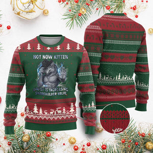 Not Now Kitten Daddy Increasing Shareholder Value Ugly Christmas Sweater Funny Wolf Meme TS14 Red Green Print Your Wear