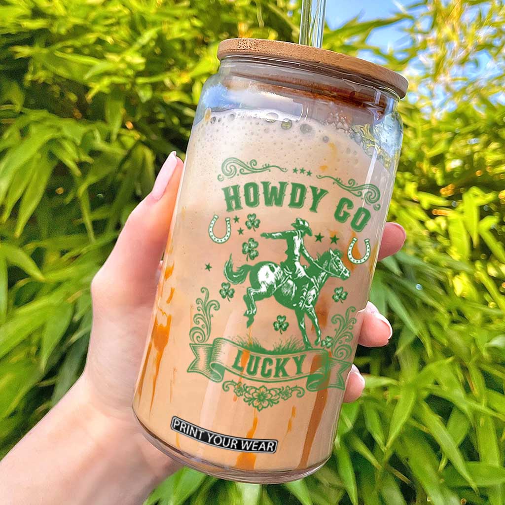 Cowboy St Patrick's Day Glass Can Howdy Go Lucky TS14 White Print Your Wear