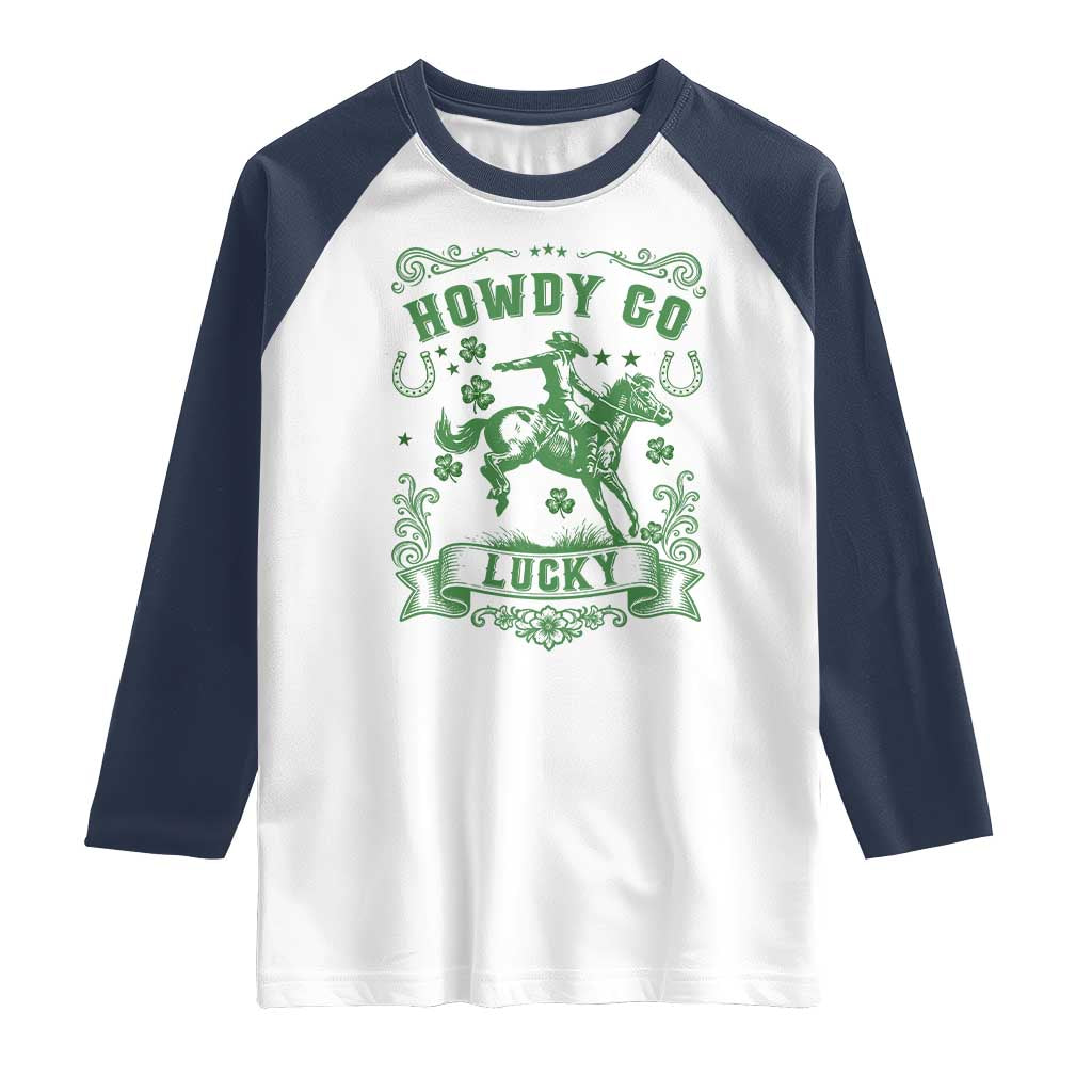 Cowboy St Patrick's Day Raglan Shirt Howdy Go Lucky TS14 White Navy Print Your Wear