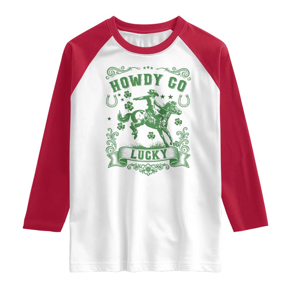 Cowboy St Patrick's Day Raglan Shirt Howdy Go Lucky TS14 White Red Print Your Wear