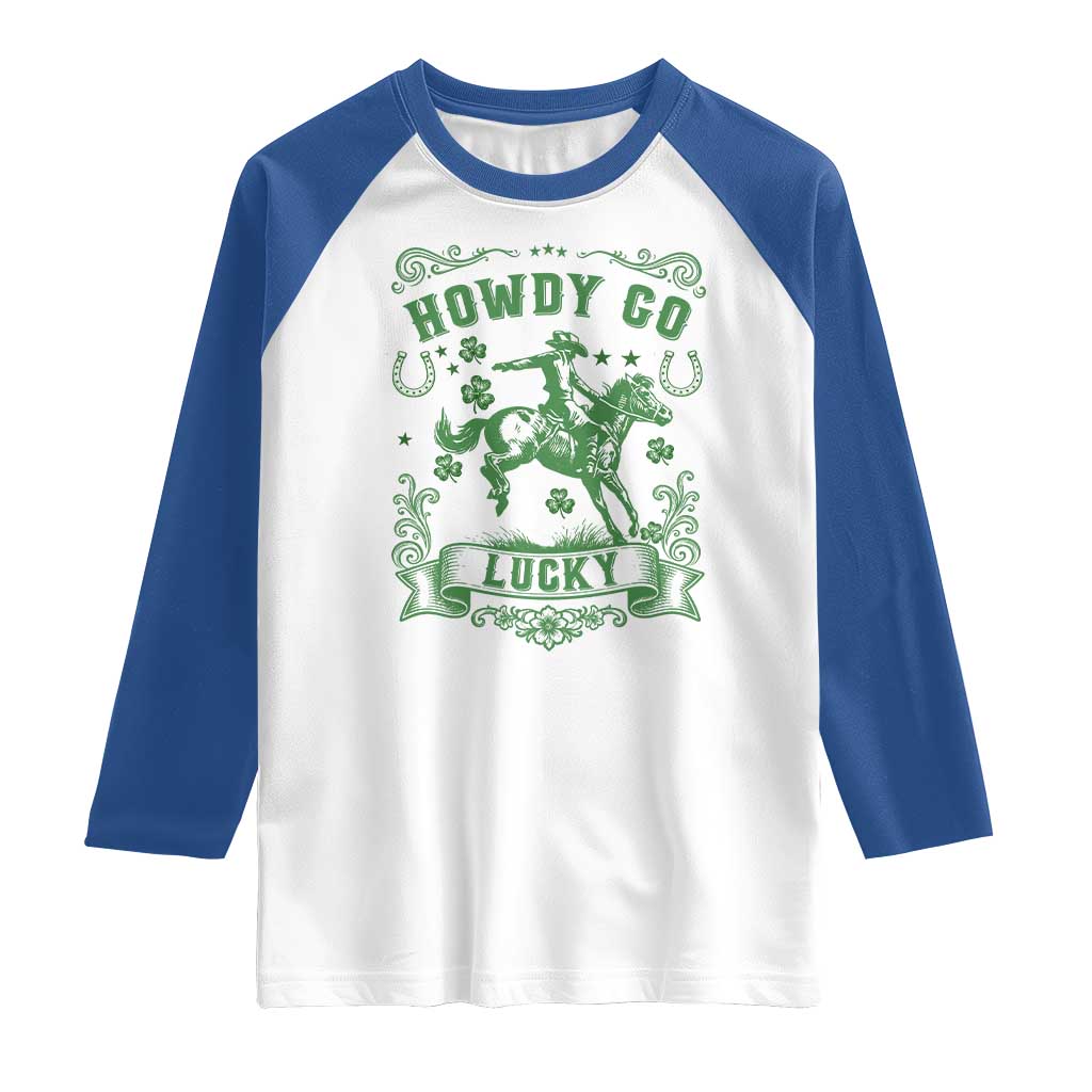 Cowboy St Patrick's Day Raglan Shirt Howdy Go Lucky TS14 White Royal Print Your Wear