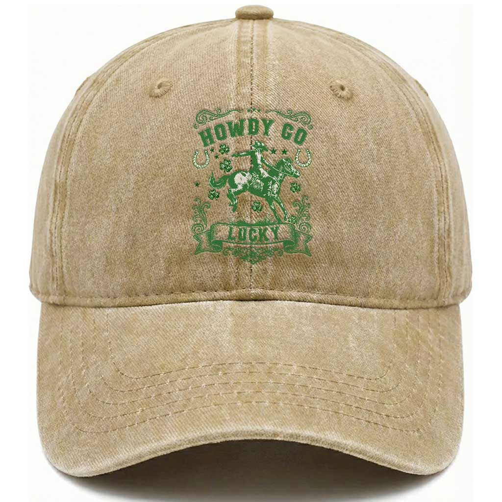 Cowboy St Patrick's Day Washed Cotton Baseball Cap Howdy Go Lucky TS14 Washed Cap Universal Fit Khaki Print Your Wear