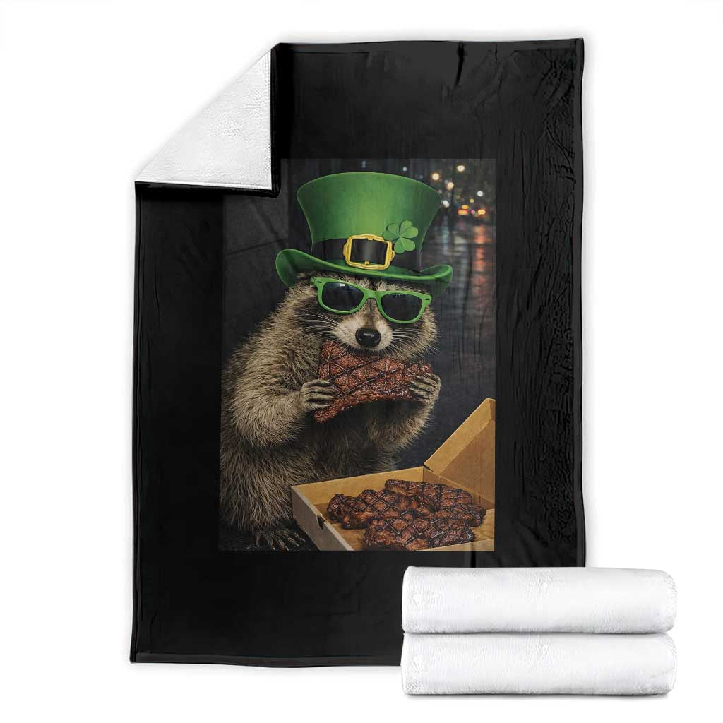 Funny Raccoon St Patrick's Day Throw Blanket Raccoon Eating Corned Beef Meme TS14 Black Print Your Wear
