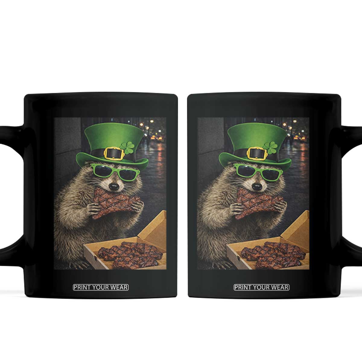 Funny Raccoon St Patrick's Day Coffee Mug Raccoon Eating Corned Beef Meme TS14 Black Print Your Wear