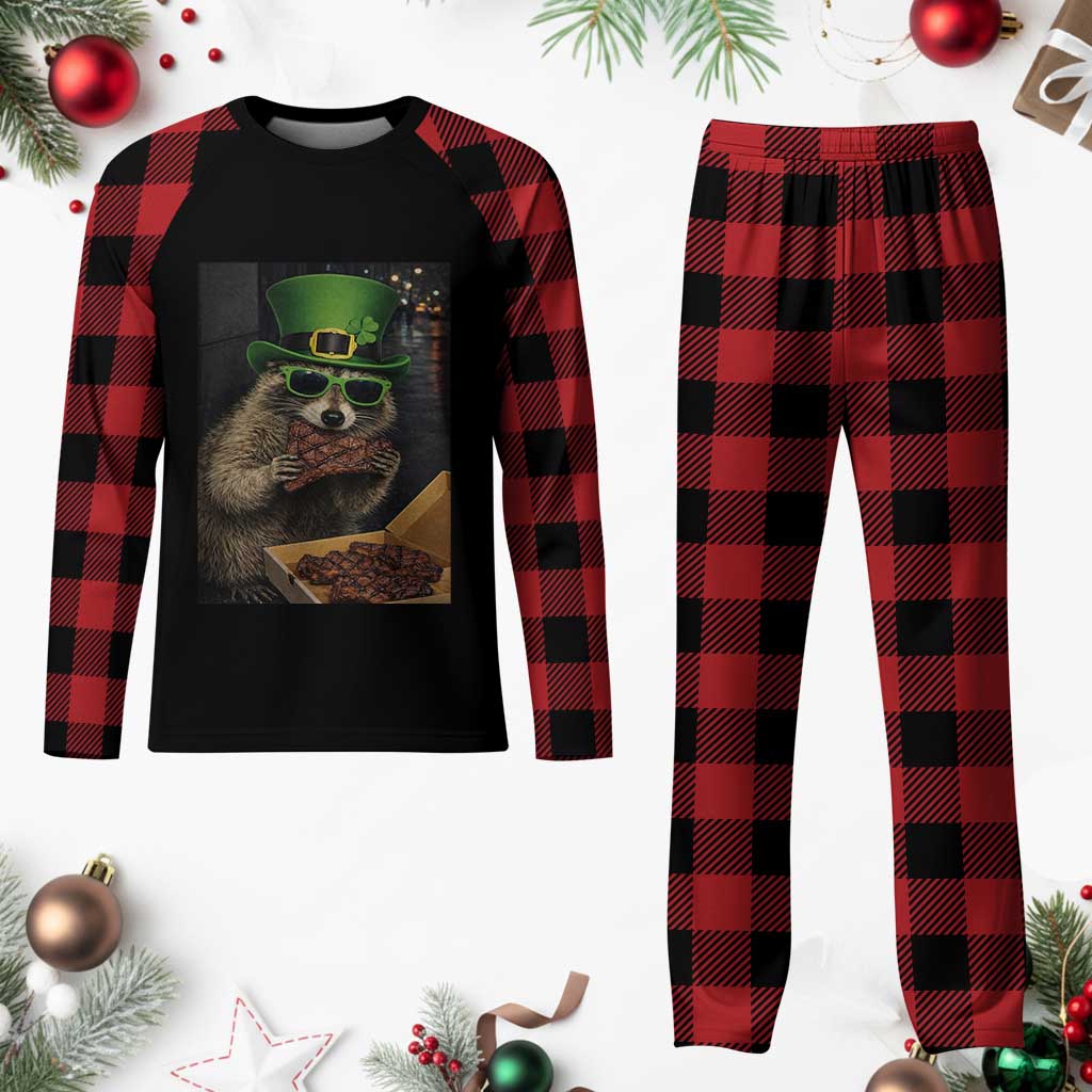 Funny Raccoon St Patrick's Day Plaid Pajama Set Raccoon Eating Corned Beef Meme TS14 Buffalo Plaid Print Your Wear