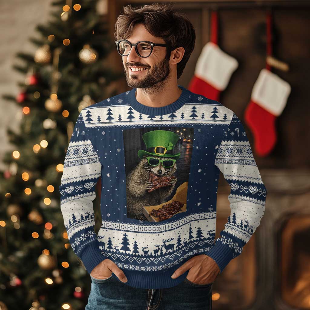 Funny Raccoon St Patrick's Day Ugly Christmas Sweater Raccoon Eating Corned Beef Meme TS14 Navy Beige Print Your Wear