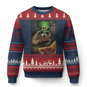 Funny Raccoon St Patrick's Day Ugly Christmas Sweater Raccoon Eating Corned Beef Meme TS14 Navy Red Print Your Wear