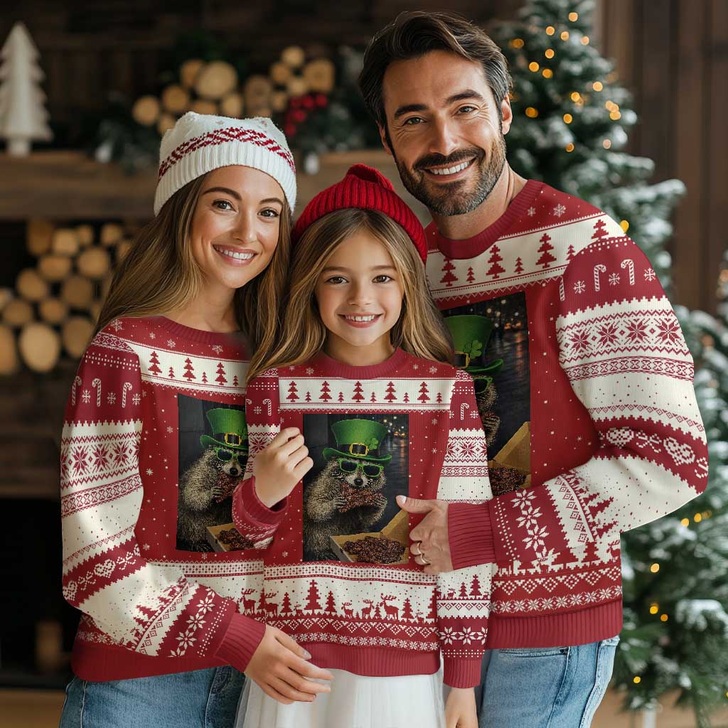 Funny Raccoon St Patrick's Day Ugly Christmas Sweater Raccoon Eating Corned Beef Meme TS14 Red Beige Print Your Wear