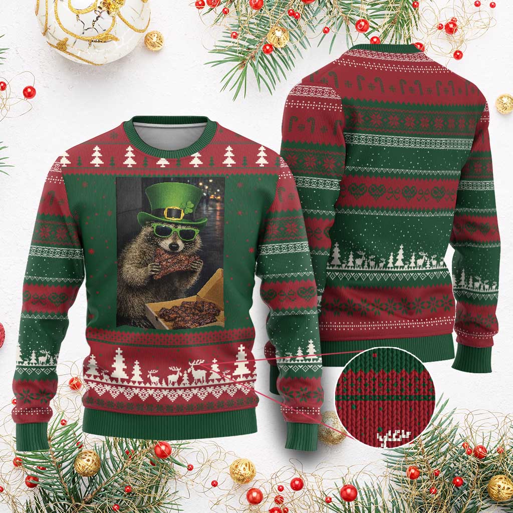 Funny Raccoon St Patrick's Day Ugly Christmas Sweater Raccoon Eating Corned Beef Meme TS14 Red Green Print Your Wear