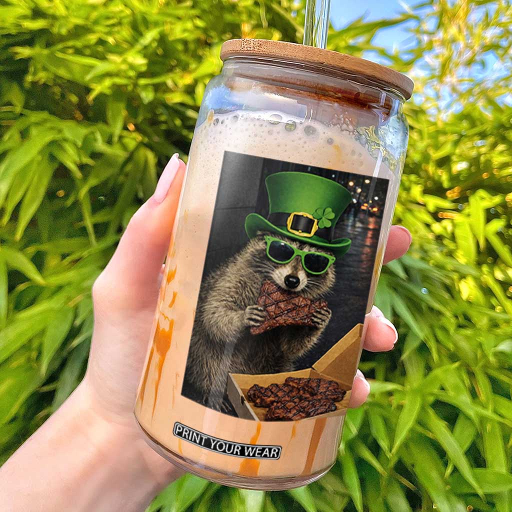 Funny Raccoon St Patrick's Day Glass Can Raccoon Eating Corned Beef Meme TS14 Black Print Your Wear